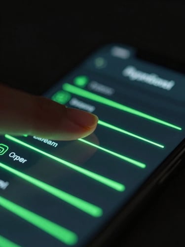 Macro depth of field shot of a thumb scrolling a sleek dark-mode mobile banking app, vibrant green glowing interface lines, low-key lighting