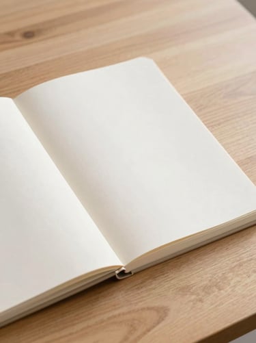 A clean, elegant printed workbook on a wooden table, soft shadows, warm editorial setting.