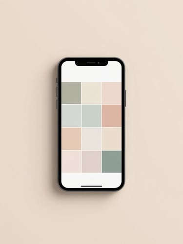 Minimalist flat-lay of a smartphone displaying a clean social media grid layout, pastel background, soft daylight.