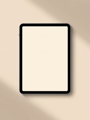 Top-down flat-lay of digital templates on an iPad screen, warm beige backdrop, soft natural shadows, minimalist aesthetic.