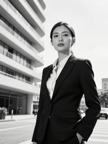 High-contrast black and white portrait of a female asset management director, sharp studio lighting, professional corporate style