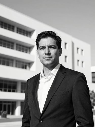 High-contrast black and white portrait of a corporate real estate executive, sharp studio lighting, professional attire