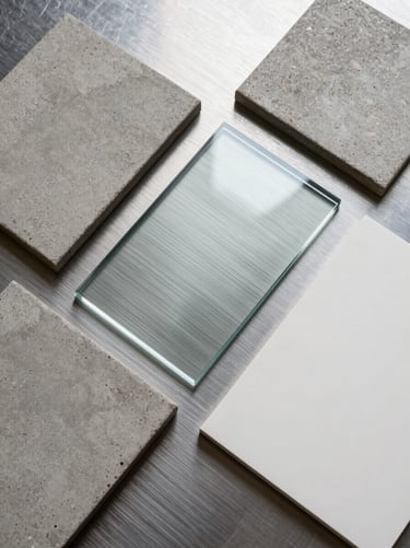 Overhead flat-lay of material sample swatches arranged on a flat surface — brushed steel, raw concrete tile, clear glass panel, composite board — even cool studio light, no props