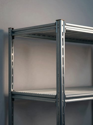 Raking sidelight close-up of a modular metal shelving unit, open frame construction, precise welded corners visible, cool studio light, bare wall behind