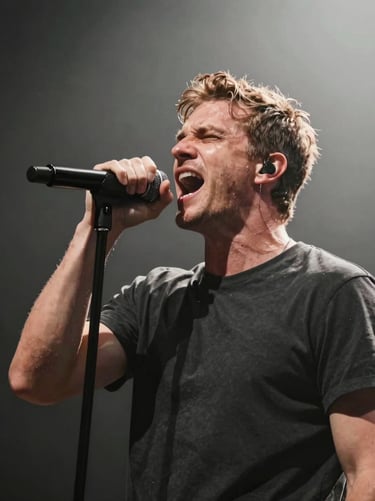 A powerful action shot of a rock singer mid-scream, the microphone gripped tightly. The composition is minimalist, focused on the raw emotion, with a dark anthracite background and sharp, off-white stage lighting. Western European / Dutch style.