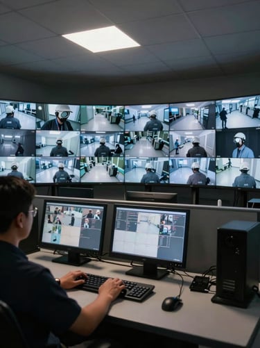 Wide panoramic view of a security monitoring station at night, operator hands resting on keyboard in front of multiple surveillance screens glowing with live camera feeds, dim tungsten overhead light, deep shadows framing the workspace, control room atmosphere