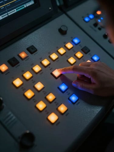 Tight overhead shot of a security control panel with illuminated status indicators, operator hand pressing a response button, amber and blue LEDs casting short shadows on the hardware surface, dark background, industrial and precise