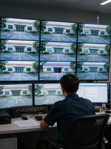 Close environmental shot of a security operations room, multiple monitors showing live feeds of building entrances and parking lots, operator seated at desk viewed from behind, dim ambient light with blue-tinted screen glow, cables and control hardware visible, unglamorous and functional