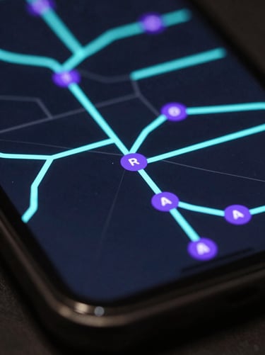 Macro close-up of a smartphone screen showing a complex logistics routing map with neon-cyan paths and violet markers, low-key studio light.