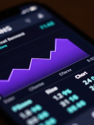 Macro close-up of a high-resolution mobile screen displaying a dark-mode financial dashboard with glowing violet charts and cyan indicators, sharp depth of field.