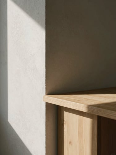 Minimalist architectural detail of a sunlit concrete pillar and warm oak desk, soft daylight casting geometric shadows, 35mm.