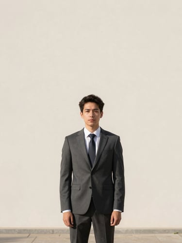 Minimalist architectural portrait of a male business attorney, soft natural daylight, sharp focus, 35mm