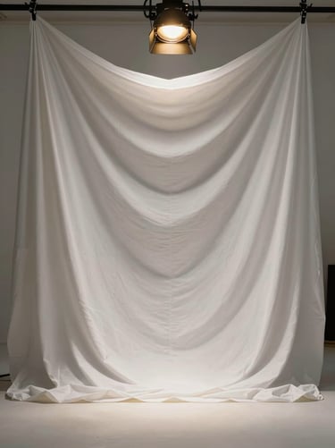 Symmetry and perspective on a high-end photography set, featuring white fabric drapes and a single golden spotlight, elegant and immersive atmosphere, Western European / French design aesthetic.