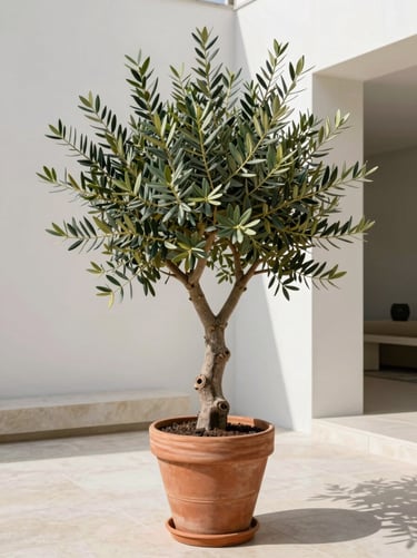 A sculptural ancient olive tree in a premium terracotta pot on a modern stone terrace, soft natural daylight, minimalist architecture, 35mm lens