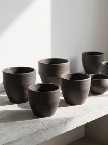 Handcrafted minimalist dark clay pots arranged on a raw concrete bench, soft natural daylight, elegant shadows, 35mm lens