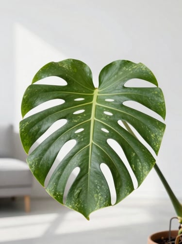 Close-up of a majestic Monstera Deliciosa Variegata leaf in a minimalist concrete living room, bright diffused daylight, soft shadows, 35mm lens