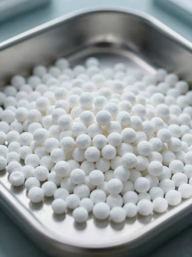 Extreme macro shot of high-purity white Urea prills, perfectly spherical chemical granules resting on a clean steel laboratory tray, sharp focus, technical teal lighting.