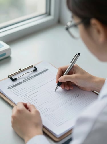 Close-up overhead shot of a nursing student's hands completing a clinical intake form on a clipboard under natural window light, pen mid-stroke, a simulation lab bench visible in soft focus behind