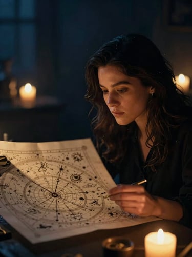 A portrait of a female astrologer studying a beautifully printed celestial chart, warm soft golden-hour highlights, moody editorial 35mm
