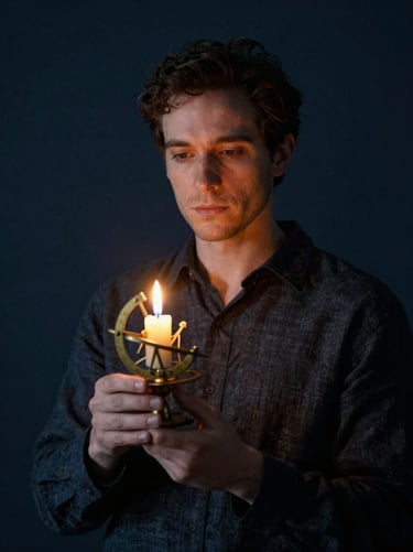 A portrait of a male astrologer in a dark linen shirt, holding a brass astrolabe, warm candlelit shadow, moody editorial 35mm