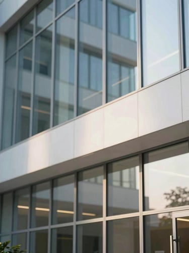 Architectural detail of a modern corporate office lobby with clean glass panels and warm natural morning light, shallow depth of field, sharp focus, clean cool tones.