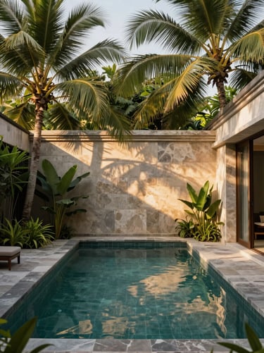 A quiet, secluded luxury villa pool in Bali surrounded by lush tropical palm leaves, soft golden hour shadows, elegant stone architecture.