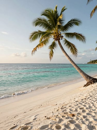 Pristine white sand beach in Lombok with turquoise water, a single palm tree leaning over the calm sea, warm golden lighting.