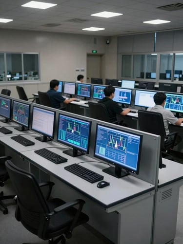 Wide shot of an industrial control room at night, multiple monitors displaying real-time production dashboards with blue data visualizations, cool monitor glow illuminating the empty operator stations, shot from behind the workstations looking toward the screens