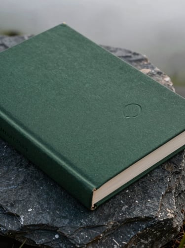 Extreme close-up of a dark green book cover with minimalist debossed lettering, resting on a slab of raw slate rock, dense morning fog.