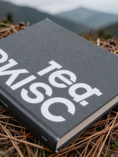 Extreme close-up of a dark grey book cover with stark white minimalist typography, resting on a bed of damp pine needles, overcast mountain daylight.
