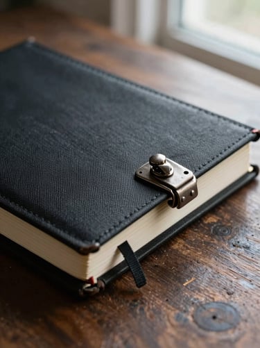 Extreme close-up of a black canvas-bound journal with a heavy metal clasp, resting on a dark rustic timber table, soft window light.