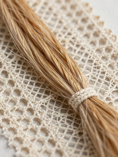 Macro detail of a fine lace base and meticulously hand-knotted natural hair cuticles
