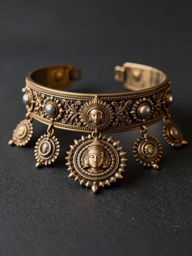Editorial crop of a bridal choker featuring intricate temple motifs, deep charcoal background.