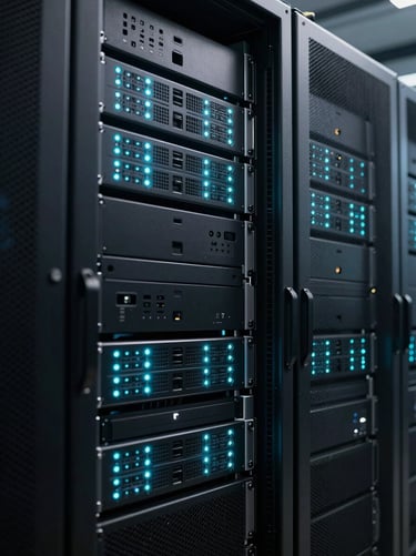 A clean, high-tech server rack with glowing cyber-cyan LED indicators in a dark secure facility, architectural perspective, dramatic lighting