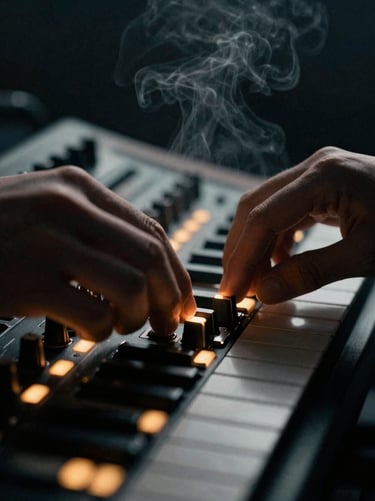 Extreme macro close-up of hands adjusting an analog synthesizer module, glowing amber LEDs, smoky studio background, 35mm film grain.