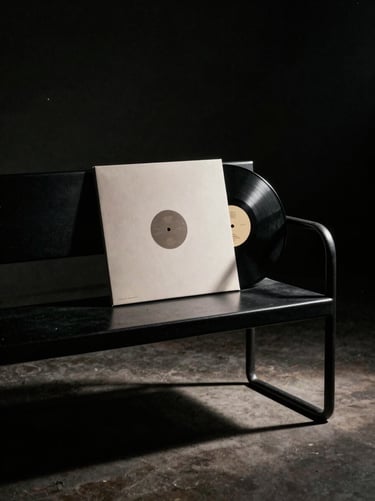 Minimalist vinyl packaging design on a black steel bench, dramatic side lighting casting long shadows, dark studio setting.
