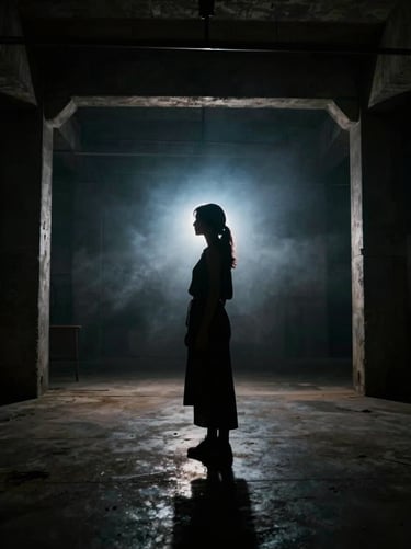 Silhouette of a female artist in a dark concrete warehouse, dramatic backlighting, cool blue key light, heavy haze.