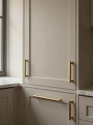 Straight-on architectural detail of custom kitchen cabinetry, brushed brass hardware, and clean marble veining, warm natural light, 35mm