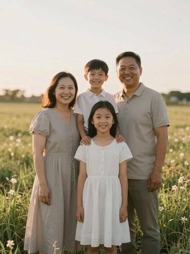 A candid and authentic family portrait in a lush field during the golden hour. The lighting is soft and flattering, highlighting genuine smiles with a warm palette of #CFC7BB and #F7F5F0.