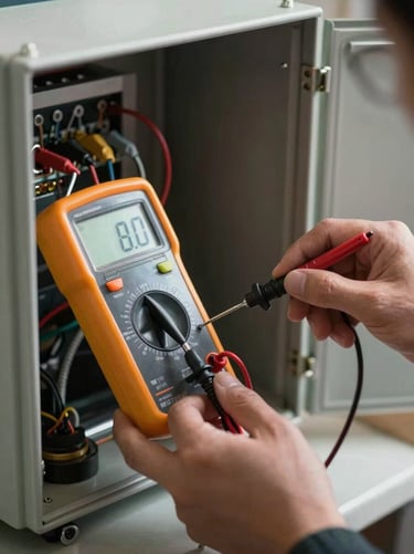 Close-up of a digital multimeter testing electrical contacts inside a furnace control panel, natural basement light.