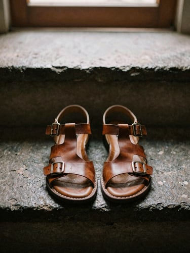 Top-down view of heavy-strap leather sandals on a weathered stone step, warm low-key morning light, 35mm film grain.
