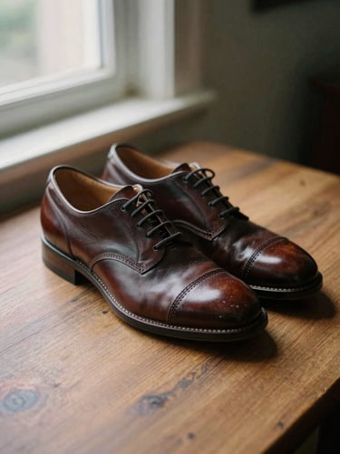 Profile shot of a classic leather derby shoe in dark mahogany brown on an oak table, side window light, shallow depth of field, 35mm film grain.