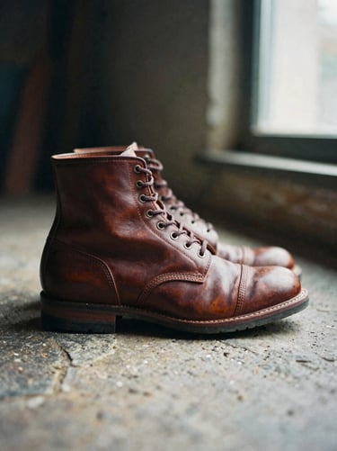 Side profile of a rugged lace-up leather boot in deep tobacco brown on a rough stone surface, soft workshop lighting, 35mm film grain.