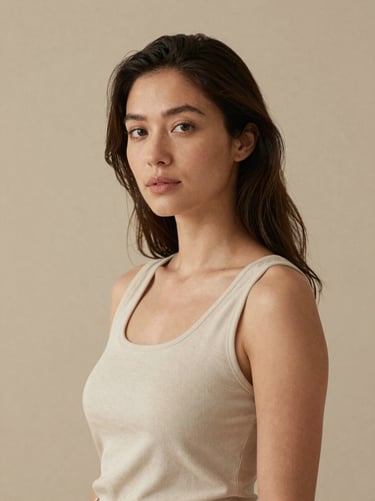 Editorial studio portrait of a female spatial designer, neutral warm sand background, soft natural side light, 35mm photography