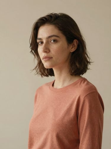 Editorial studio portrait of a female creative director, neutral warm beige background, soft natural side light, 35mm photography