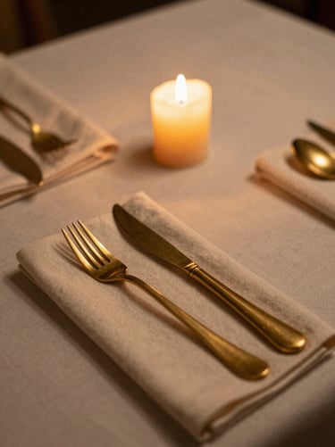 Close-up of an intimate table setting at Shahre Naw, warm ivory linen napkins, brass cutlery, and a single burning candle