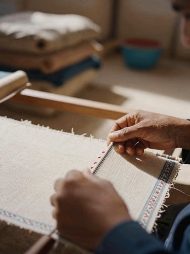 Documentary style close-up of hands weaving traditional textile in a Tunisian cooperative, warm sun-drenched daylight, 35mm