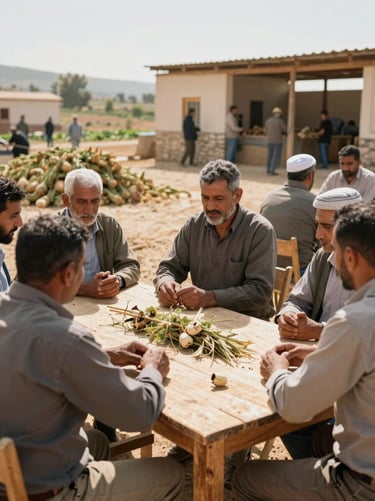 Medium shot of an agricultural cooperative meeting in Lebanon, farmers sitting around a wooden table discussing harvest, warm daylight, 35mm