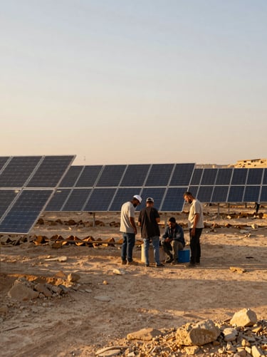 Wide angle environmental shot of a community solar farm in Jordan, local workers collaborating under warm sunset light, 35mm