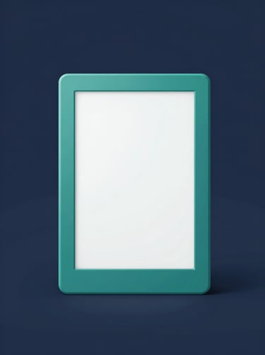 3D digital mockup of a vertical e-book cover on an e-reader, minimalist navy background, clean teal accents, soft shadows